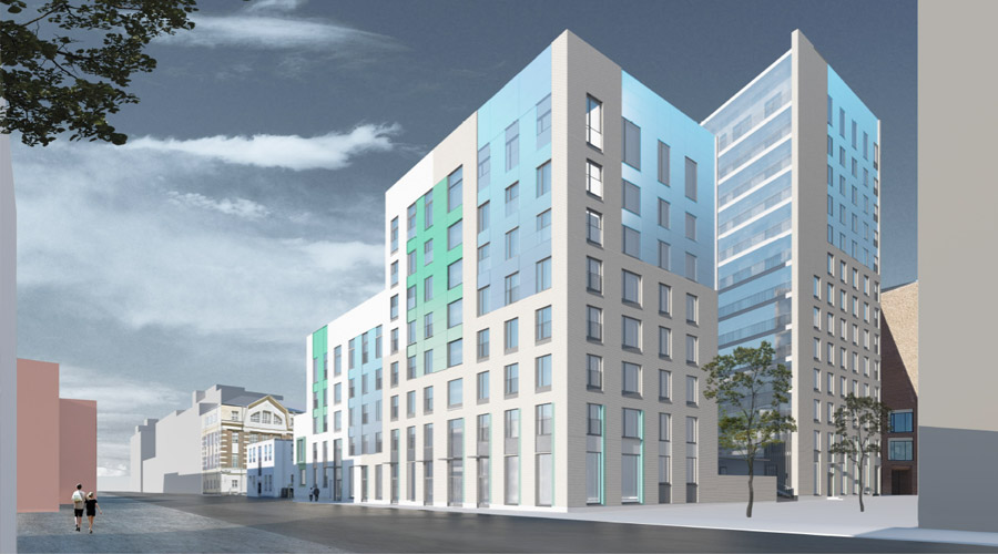 Arkkitehtooninen konseptikuva plusenergia kerrostaloista kaupungissa.