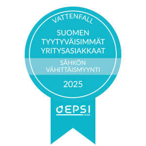 Kuva EPSI-palkintologosta, jossa teksti: Vattenfall, Suomen tyytyväisimmät yritysasiakkaat 2025.