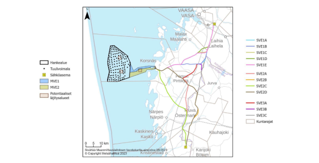 Korsnäsin kartta johon on merkiktty merituulivoimapuiston sijainti