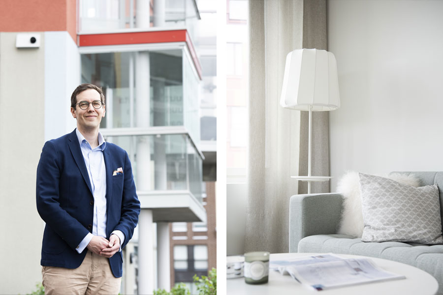 Potrettikuva siististi pukeutuneesta miehestä vasemmalla ja oikealla kuva huoneesta jossa haaleasävyinen sisustus