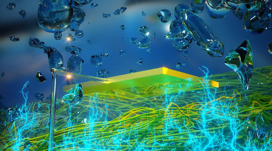 Abstrakti frutiger aero -tyylinen kuvituskuva, yläreunassa tummansininen tausta ja kuplia, alareunassa vihreitä muotoja sekä sinistä salamointia