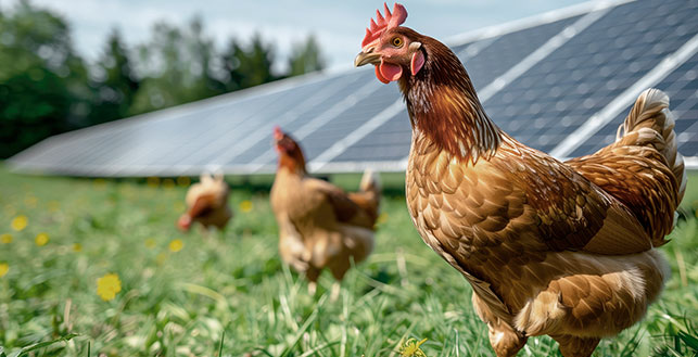 Oikealla etualalla ruskea kana, jonka takana on aurinkopaneeleja sekä kaksi muuta kanaa kauempana kamerasta