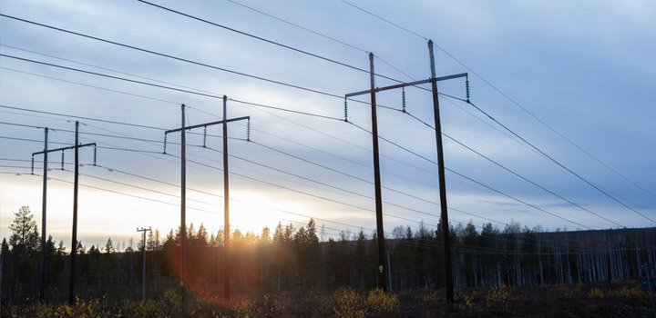 Sähkötolppia vierekkäin auringonnousun aikaan