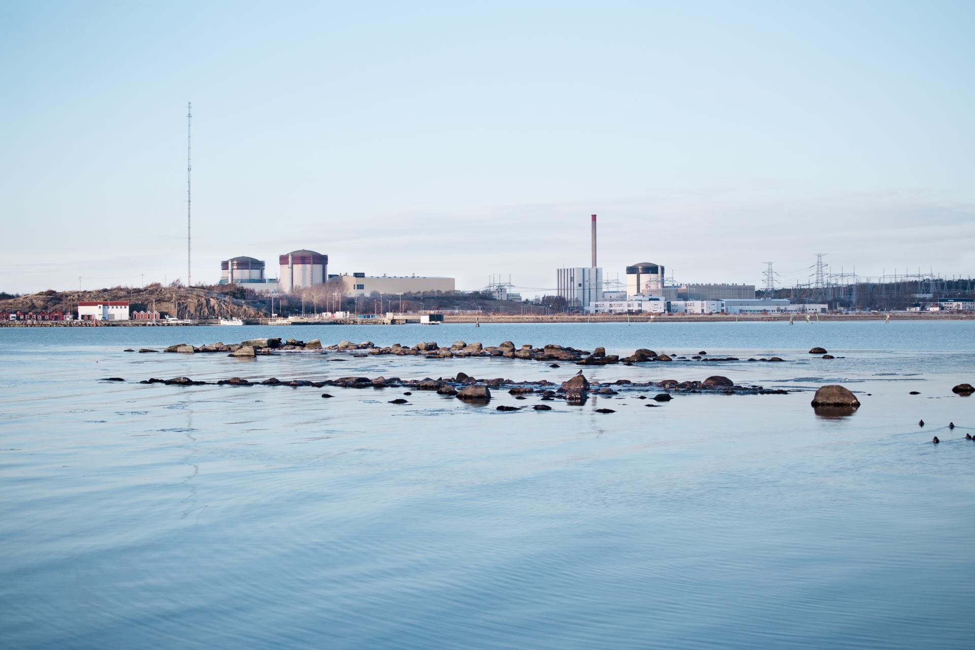 Kivikkoista rantaa, kauempana horisontissa tuotantolaitos